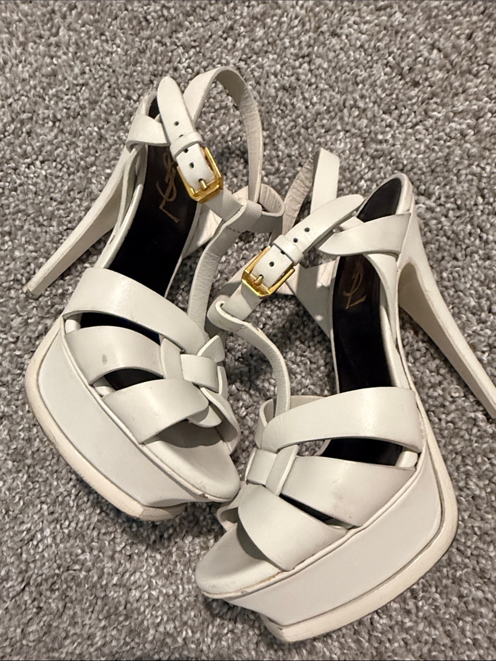 Saint Laurent White Braided Leather Platform Sandals with Gold Buckle - Picture 2 of 2